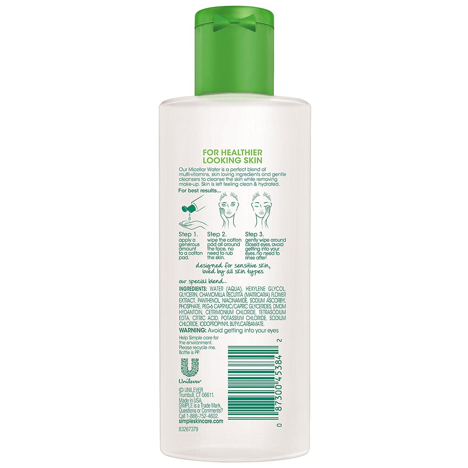 Simple Agua Micelar, desmaquillante suave: hidratación ligera para piel fresca tras el uso.