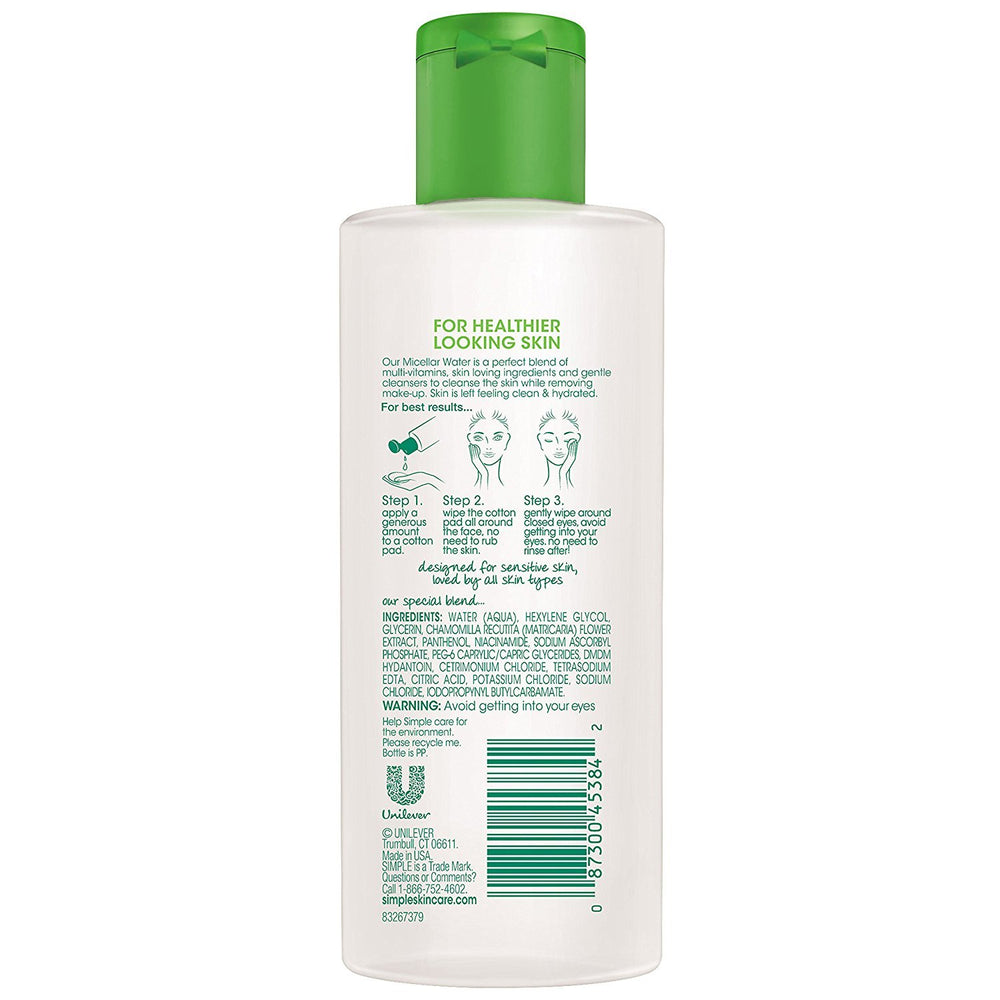 Simple Agua Micelar, desmaquillante suave: hidratación ligera para piel fresca tras el uso.