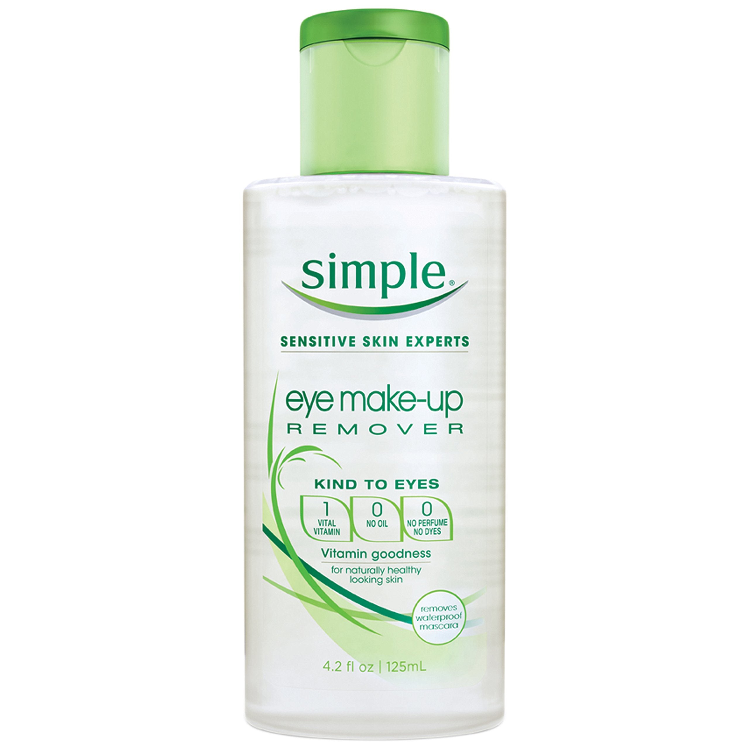 Simple desmaquillante de ojos, botella en primer plano, fórmula suave para ojos sensibles.