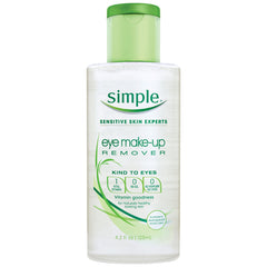 Simple desmaquillante de ojos, botella en primer plano, fórmula suave para ojos sensibles.