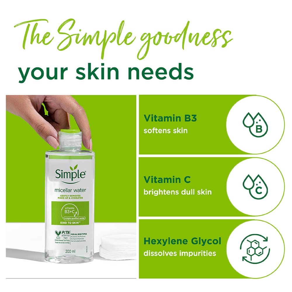 Textura ligera de Simple Kind To Skin Agua Micelar para limpieza diaria.
