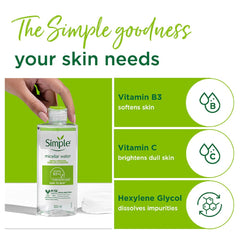 Textura ligera de Simple Kind To Skin Agua Micelar para limpieza diaria.