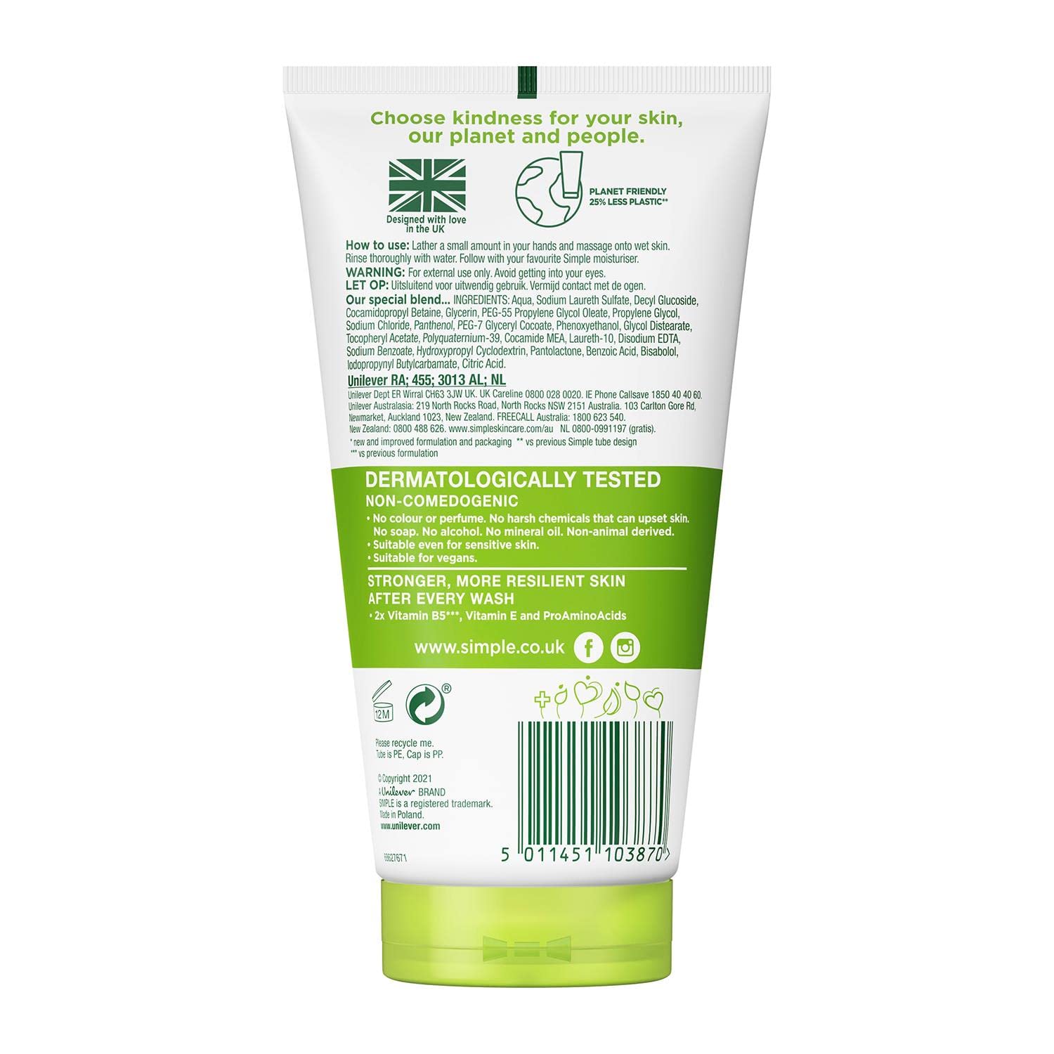 Simple limpiador facial en gel suave, aroma fresco para uso diario.