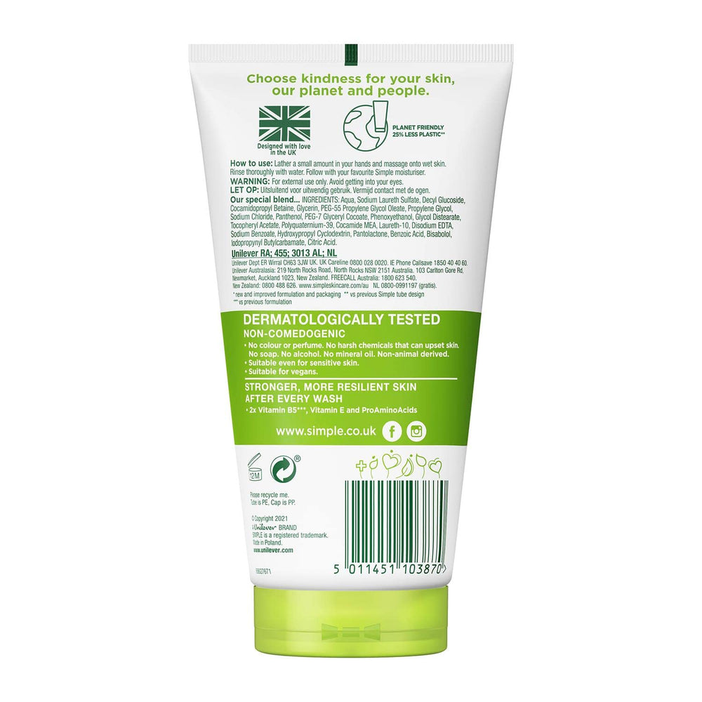 Simple limpiador facial en gel suave, aroma fresco para uso diario.