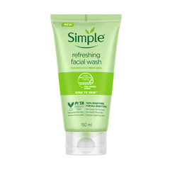 Simple limpiador facial refrescante, textura gel suave para piel sensible.