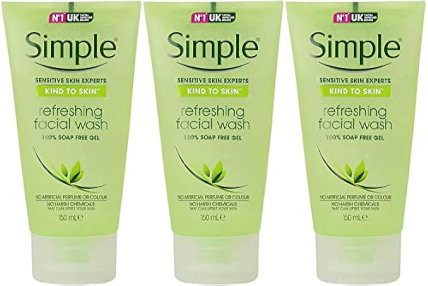 Simple gel limpiador facial refrescante en tubo, pack 3, limpieza suave.