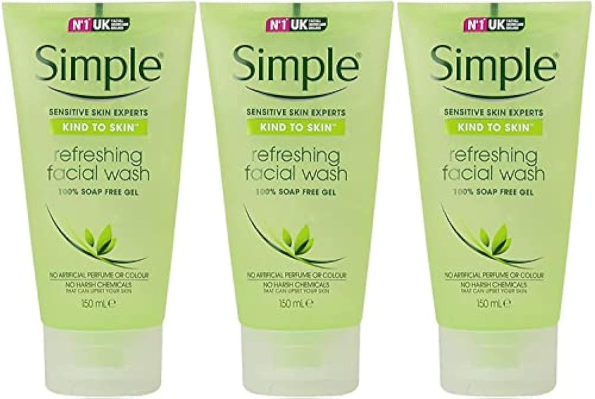 Simple gel limpiador facial refrescante en tubo, pack 3, limpieza suave.