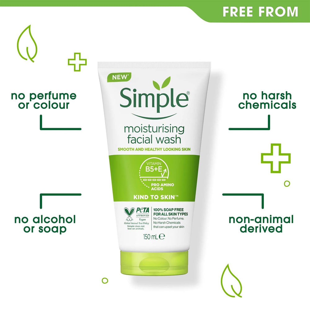 Simple limpiador facial sin parabenos, cuidado suave para piel sensible.