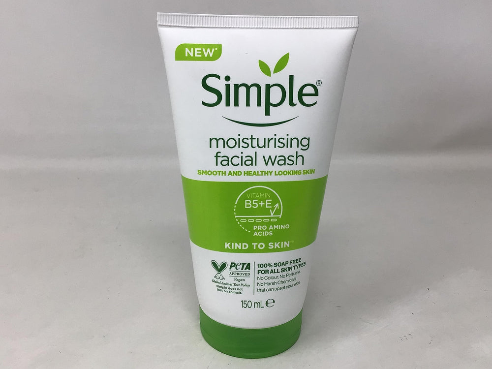 Close-up of ingredients panel on Simple Face Wash bottle, highlighting multivitamins.