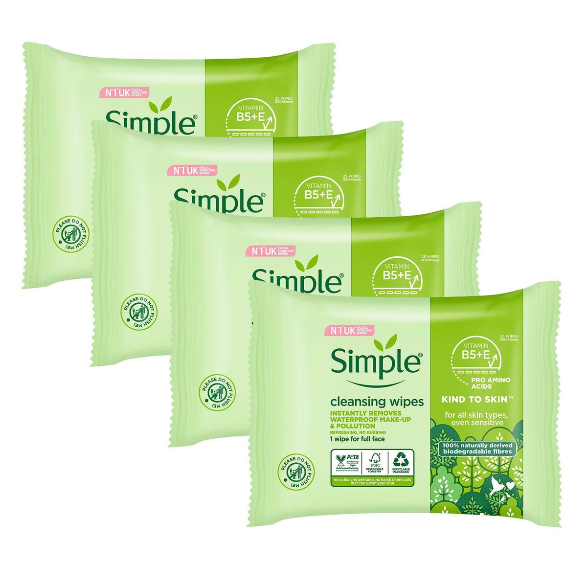 Toallitas faciales Simple para piel sensible, limpieza suave y efectiva.