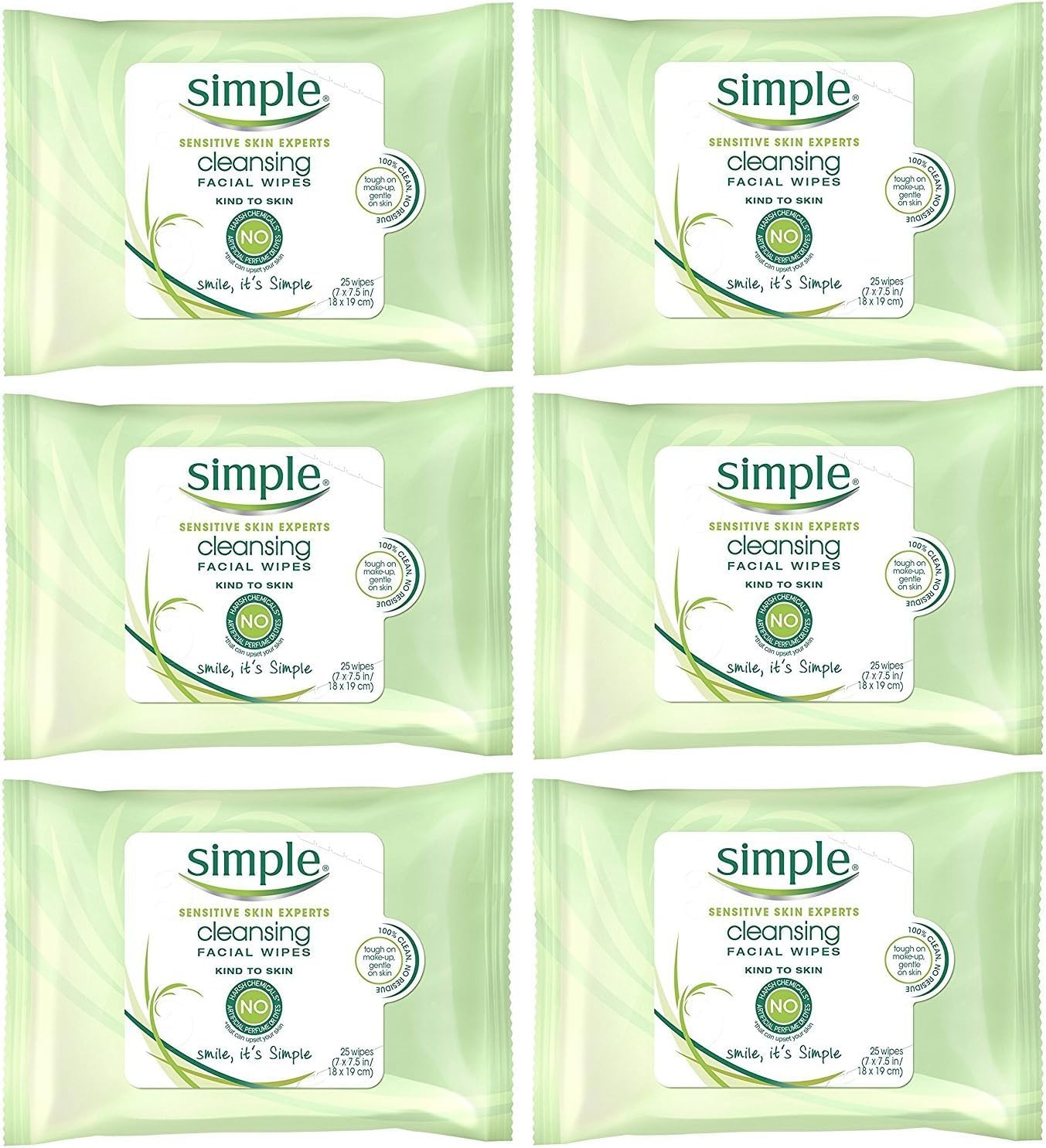 Simple toallitas faciales, empaque frontal de 25 unidades para uso diario.