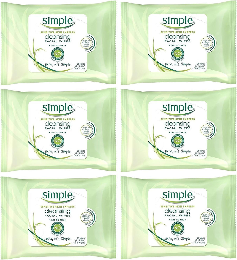 Simple toallitas faciales, empaque frontal de 25 unidades para uso diario.