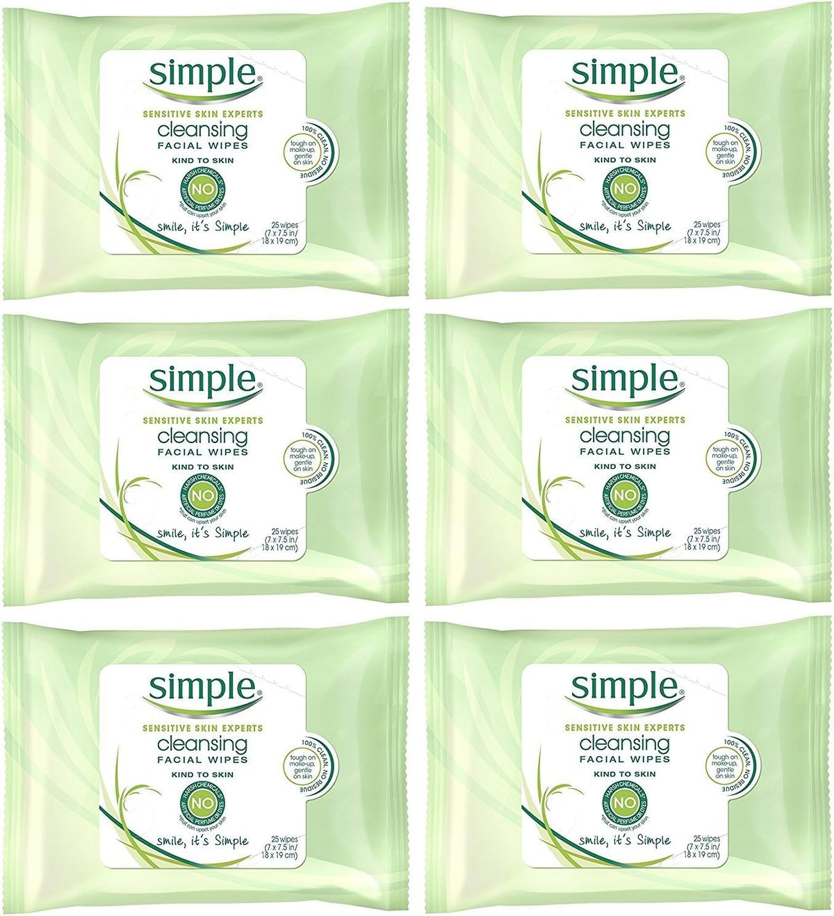 Simple toallitas faciales, empaque frontal de 25 unidades para uso diario.