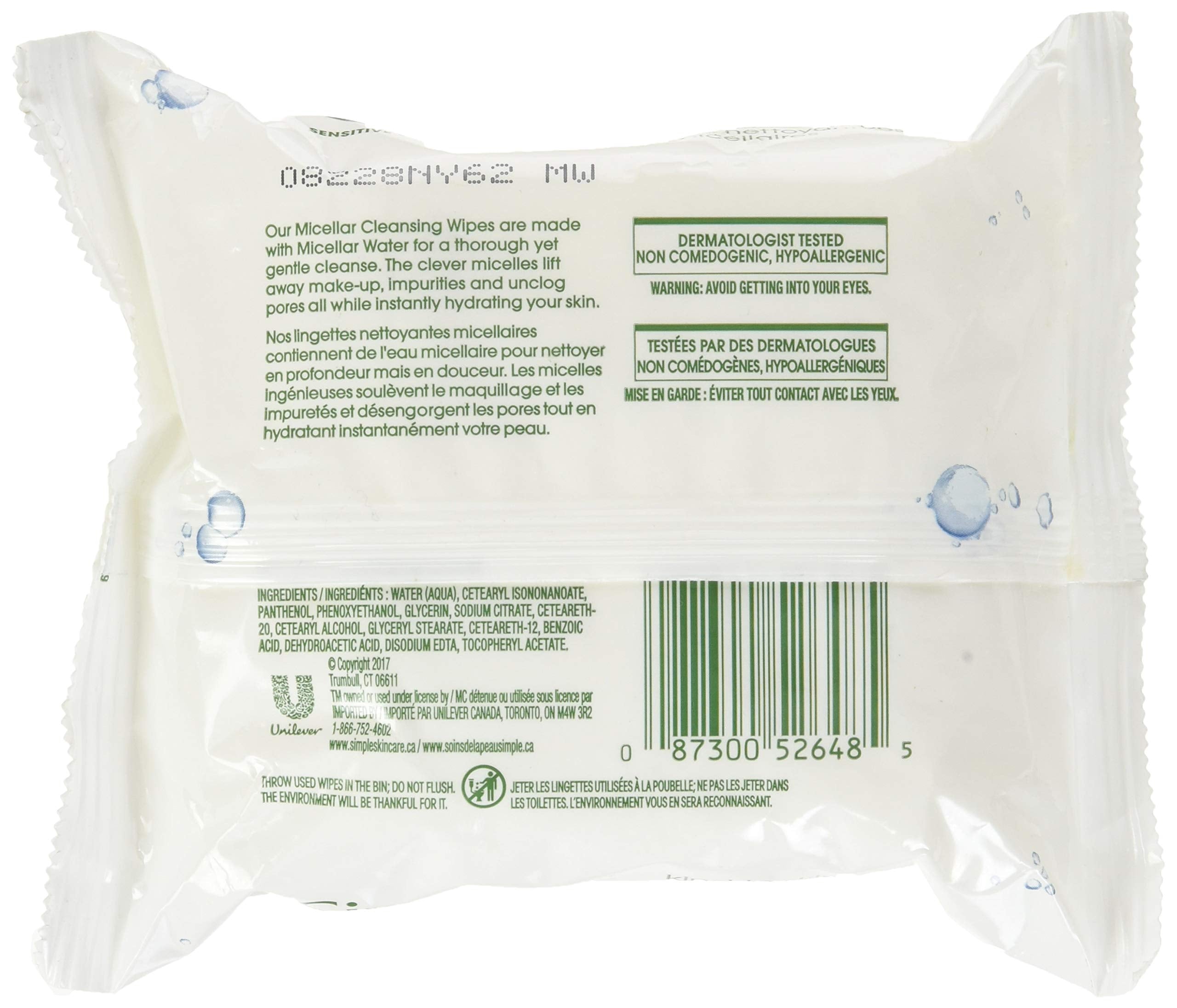 Simple toallitas desmaquillantes micelares en paquete de 3, desmaquillan e hidratan la piel