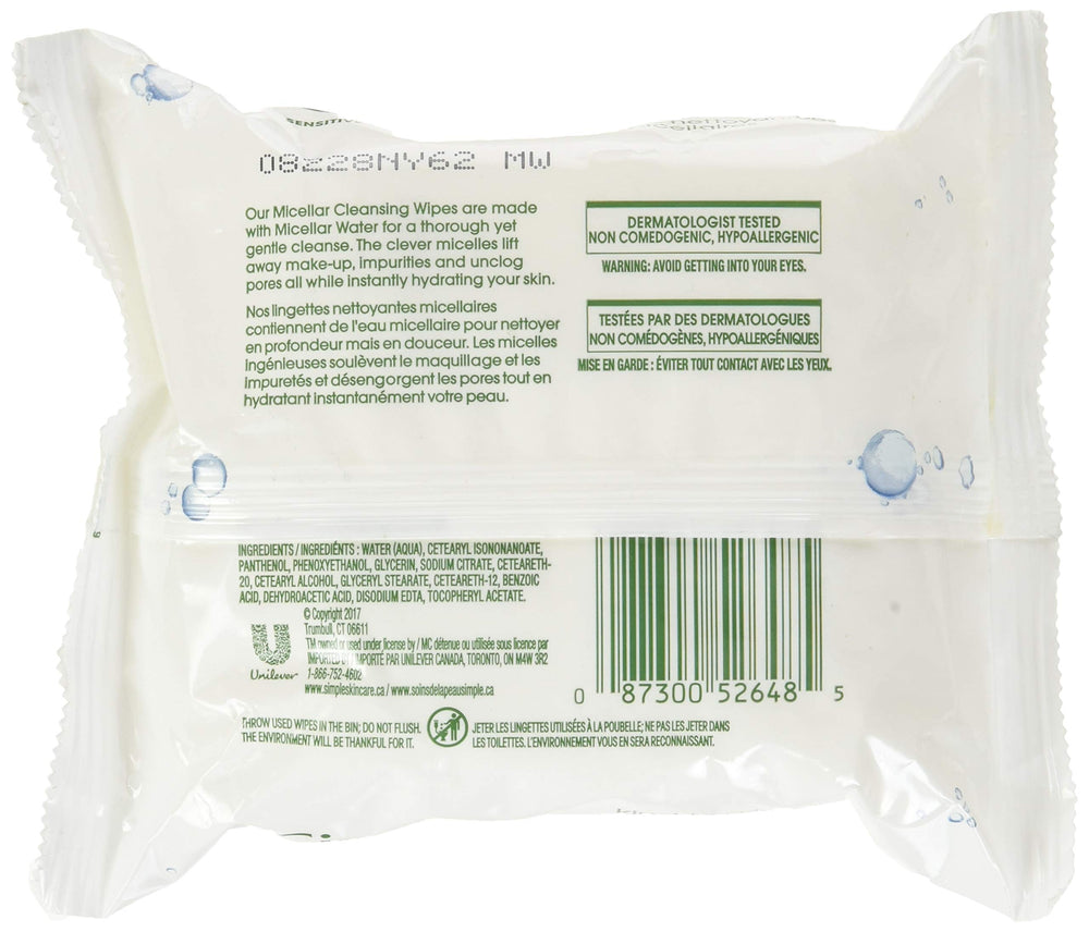 Simple toallitas desmaquillantes micelares en paquete de 3, desmaquillan e hidratan la piel