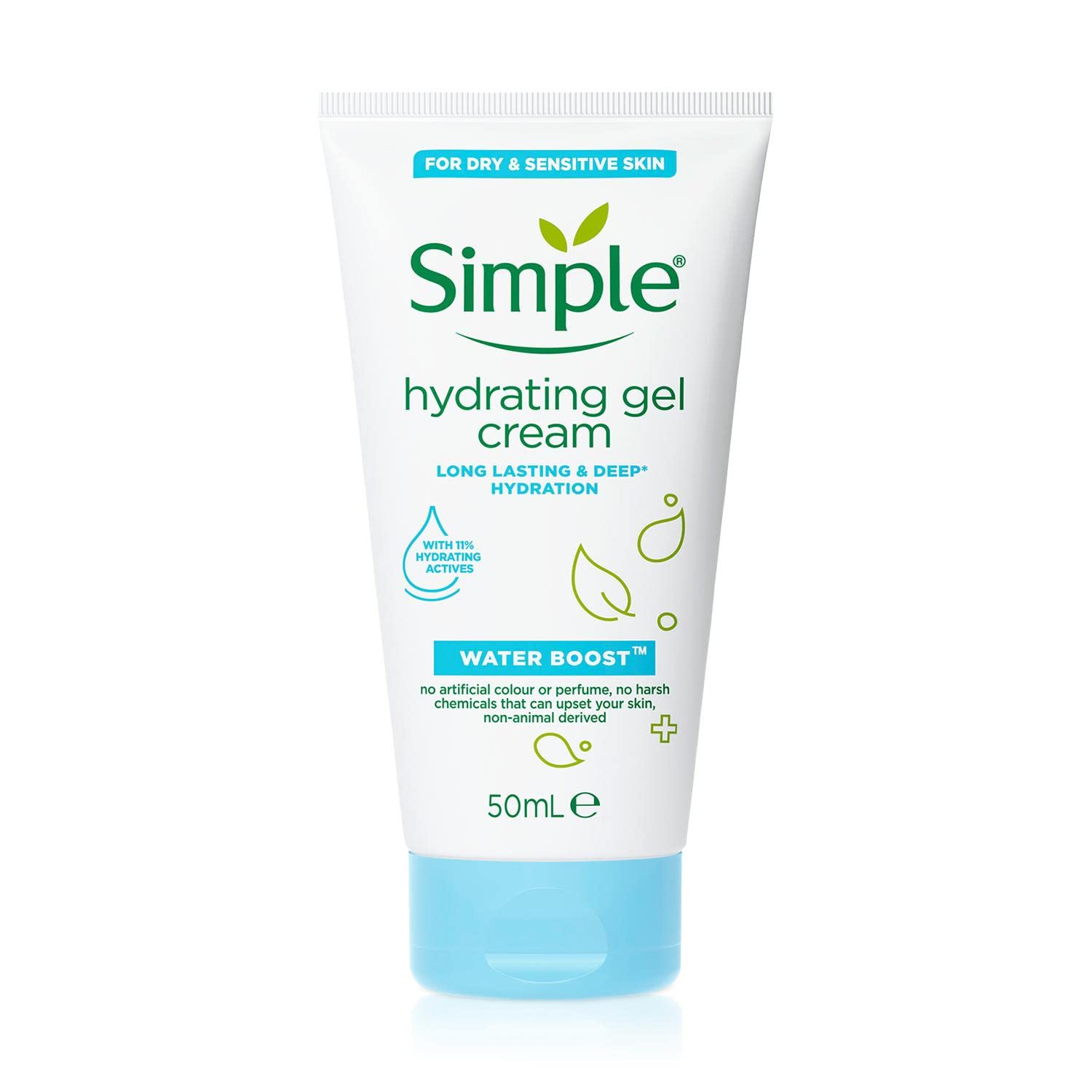 Simple Water Boost Gel Crema en botella, hidratación suave para piel sensible.