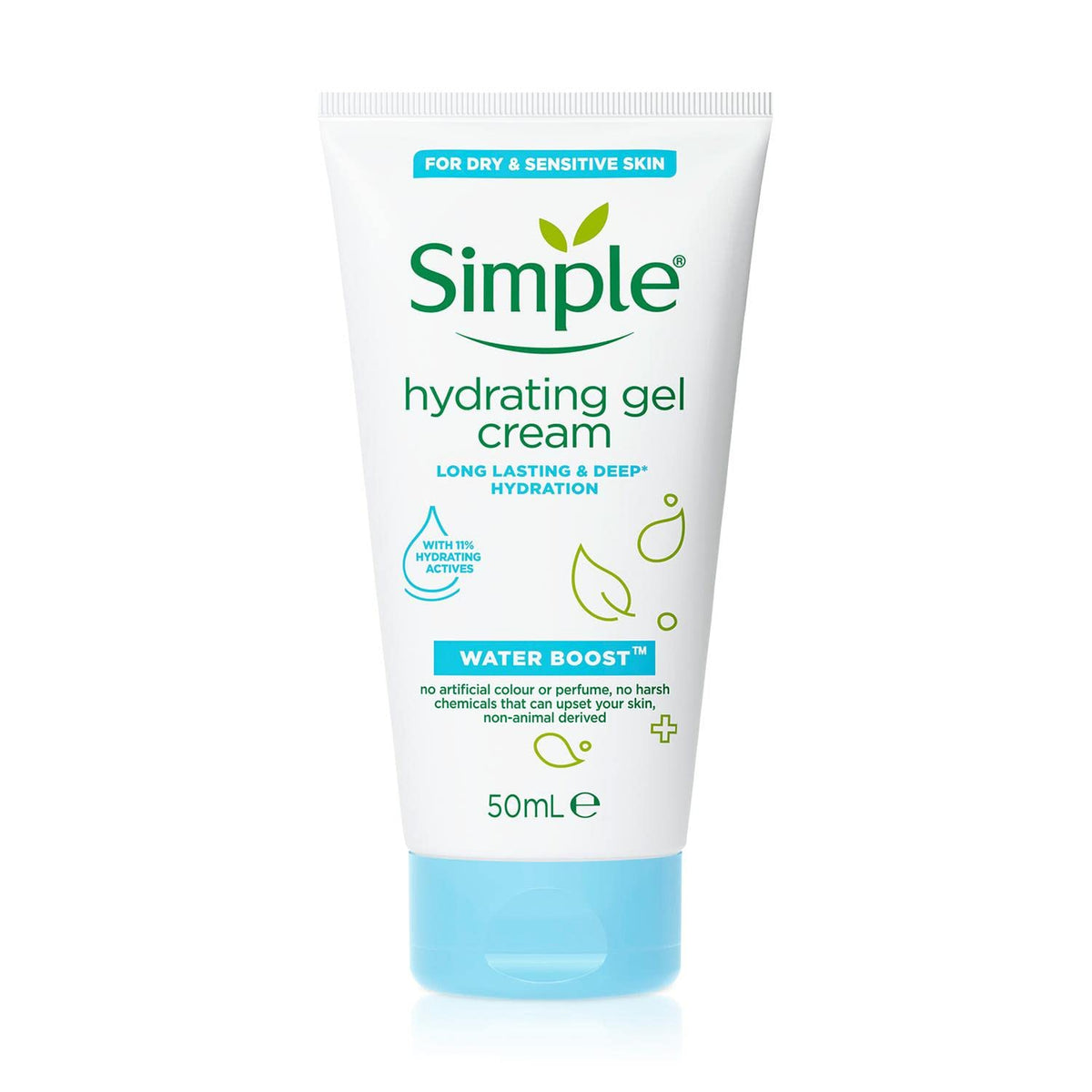 Simple Water Boost Gel Crema en botella, hidratación suave para piel sensible.