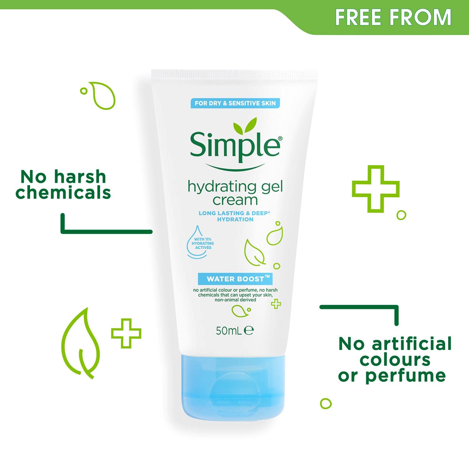 Fórmula con minerales de Simple Water Boost, sensación de piel revitalizada y nutrida.