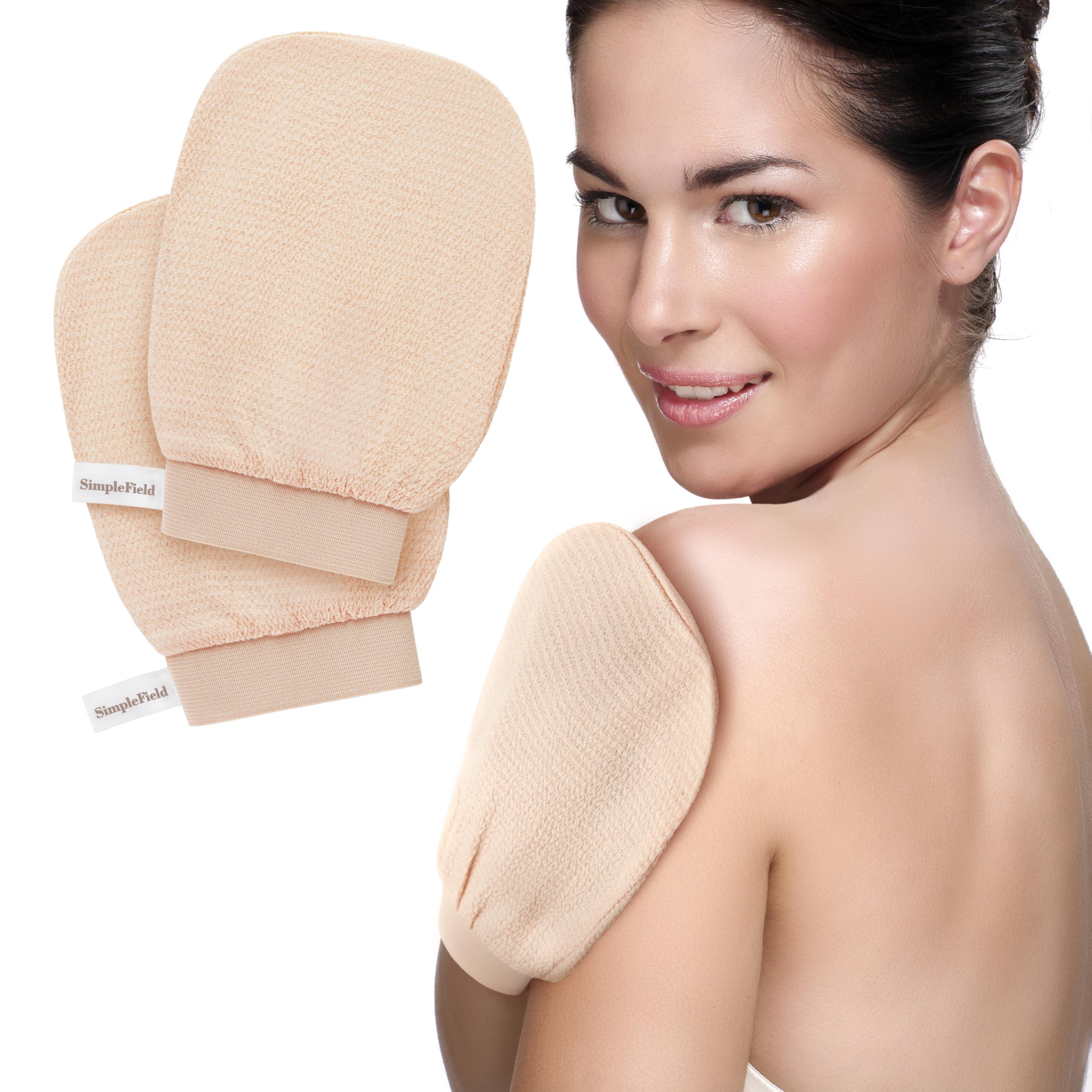 Guantes exfoliantes SimpleField Kessa en la mano para exfoliar suavemente.