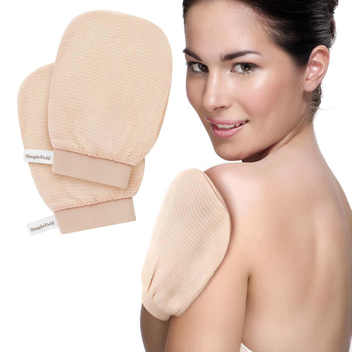 Guantes exfoliantes SimpleField Kessa en la mano para exfoliar suavemente.