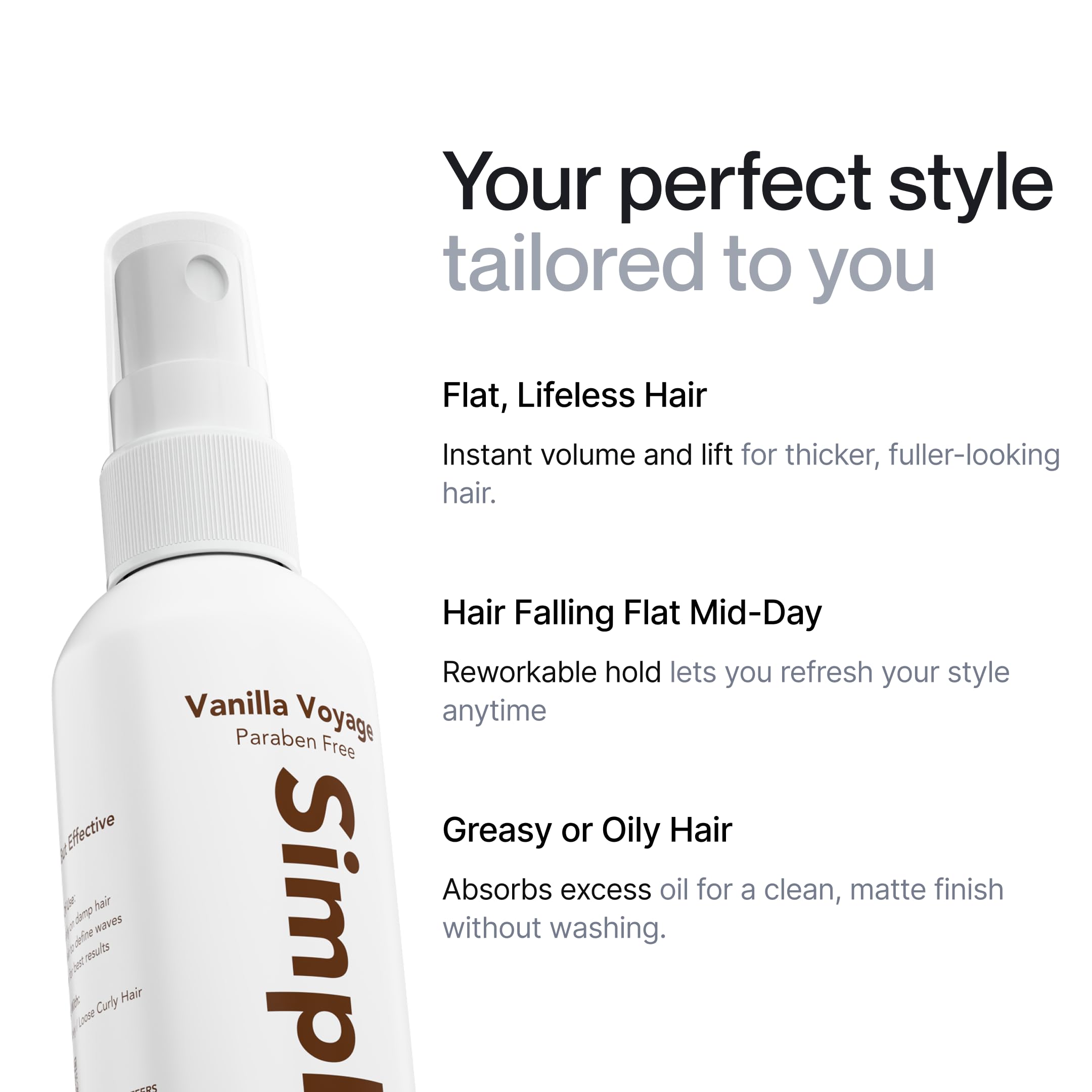 Simpletics: pelo-volumen aumenta volumen en cabello fino con acabado mate.