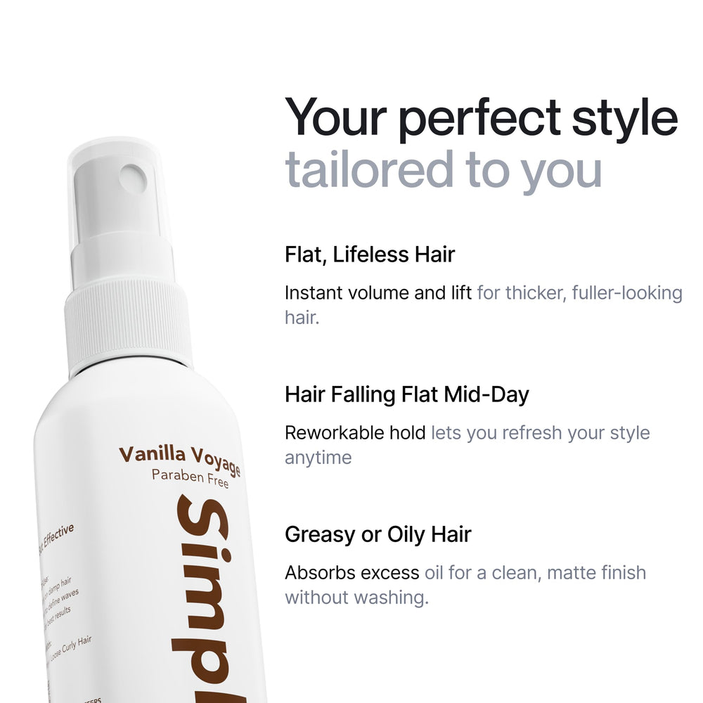 Simpletics: pelo-volumen aumenta volumen en cabello fino con acabado mate.