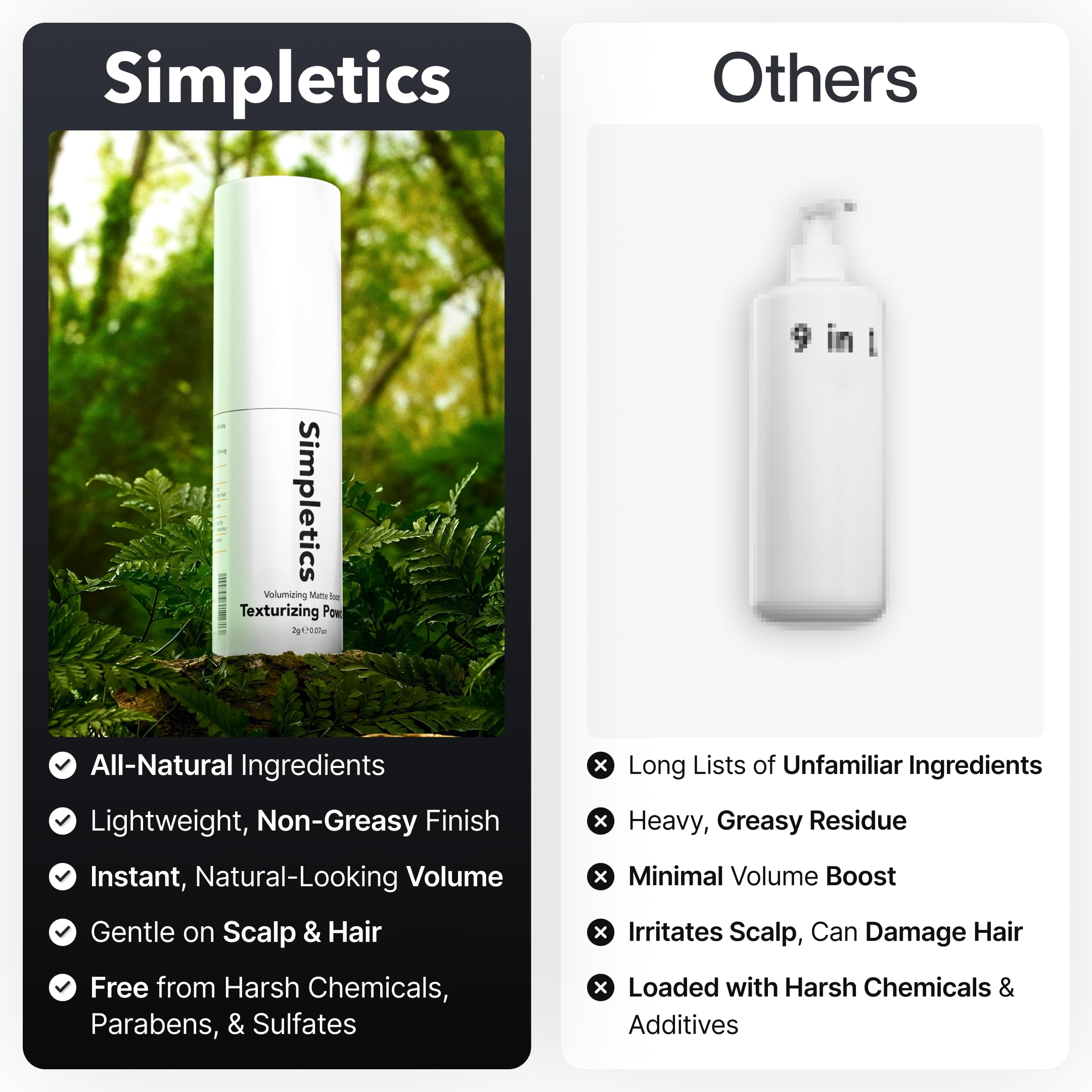Simpletics Texturizing Powder matte finish hair close-up