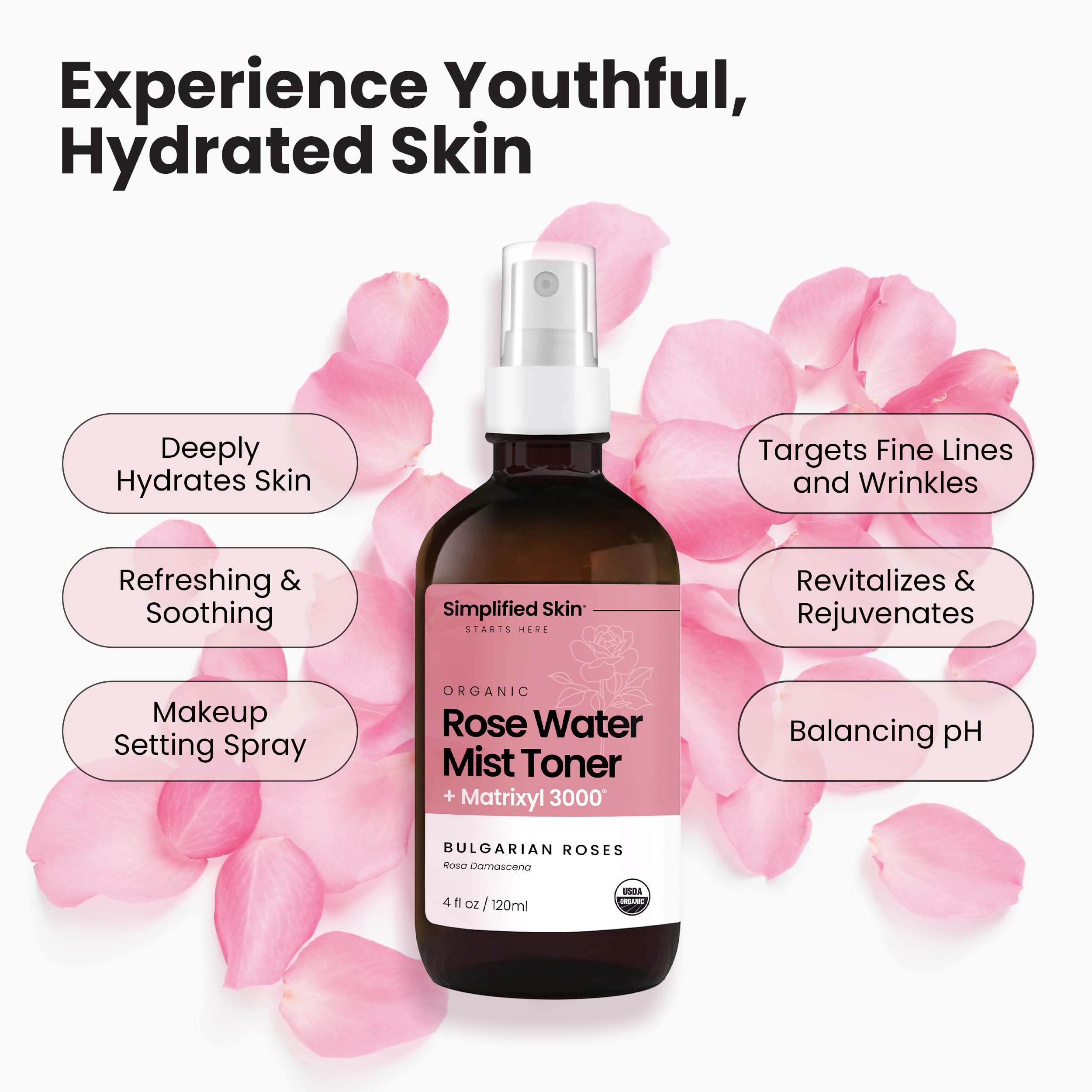 Simplified Skin spray orgánico de rosas para refrescar la piel.