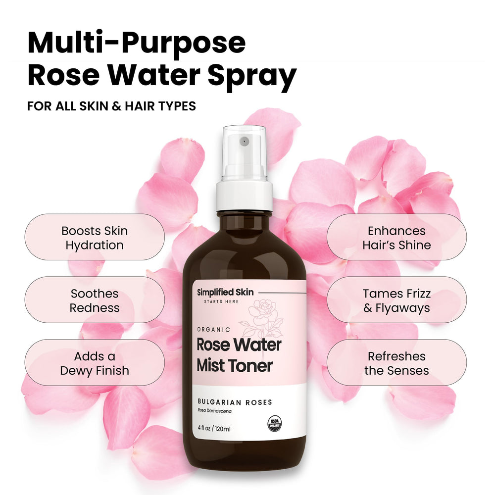 Simplified Skin Rosewater Spray on face for daily hydrating routine