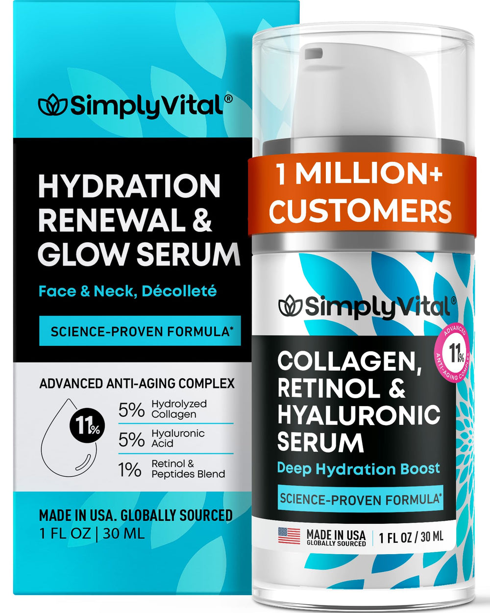 SimplyVital Serum flacon-collagene-retinol-acide-hyaluronique pour le visage, hydratation ciblée.