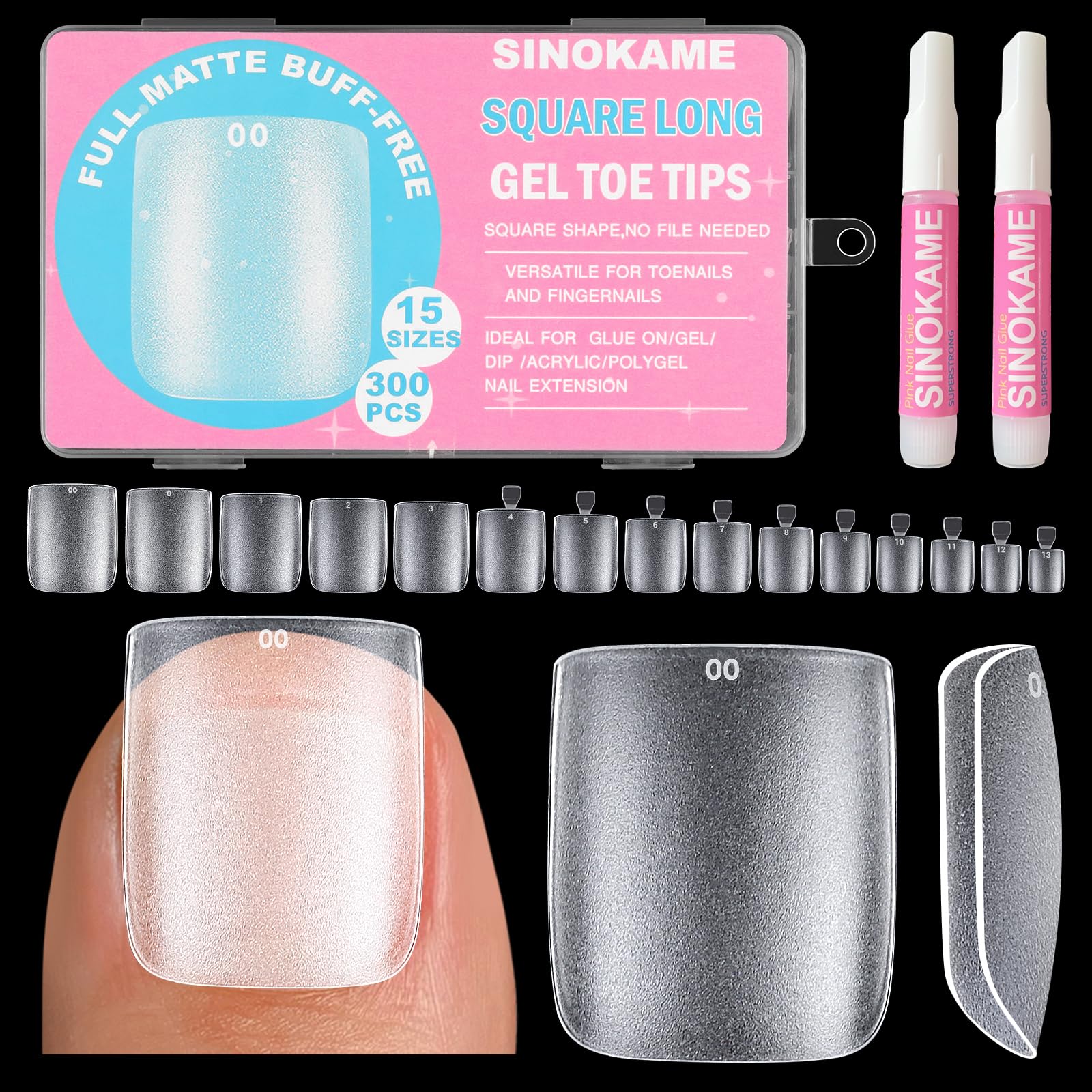 Uñas cuadradas mate de SINOKAME en caja lista para aplicar sin lijado.