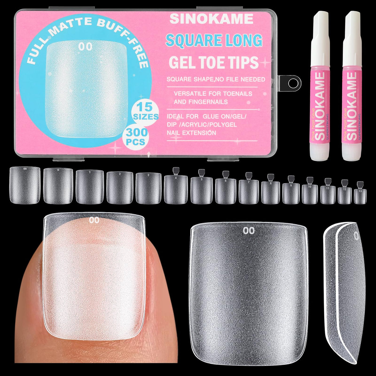 Uñas cuadradas mate de SINOKAME en caja lista para aplicar sin lijado.