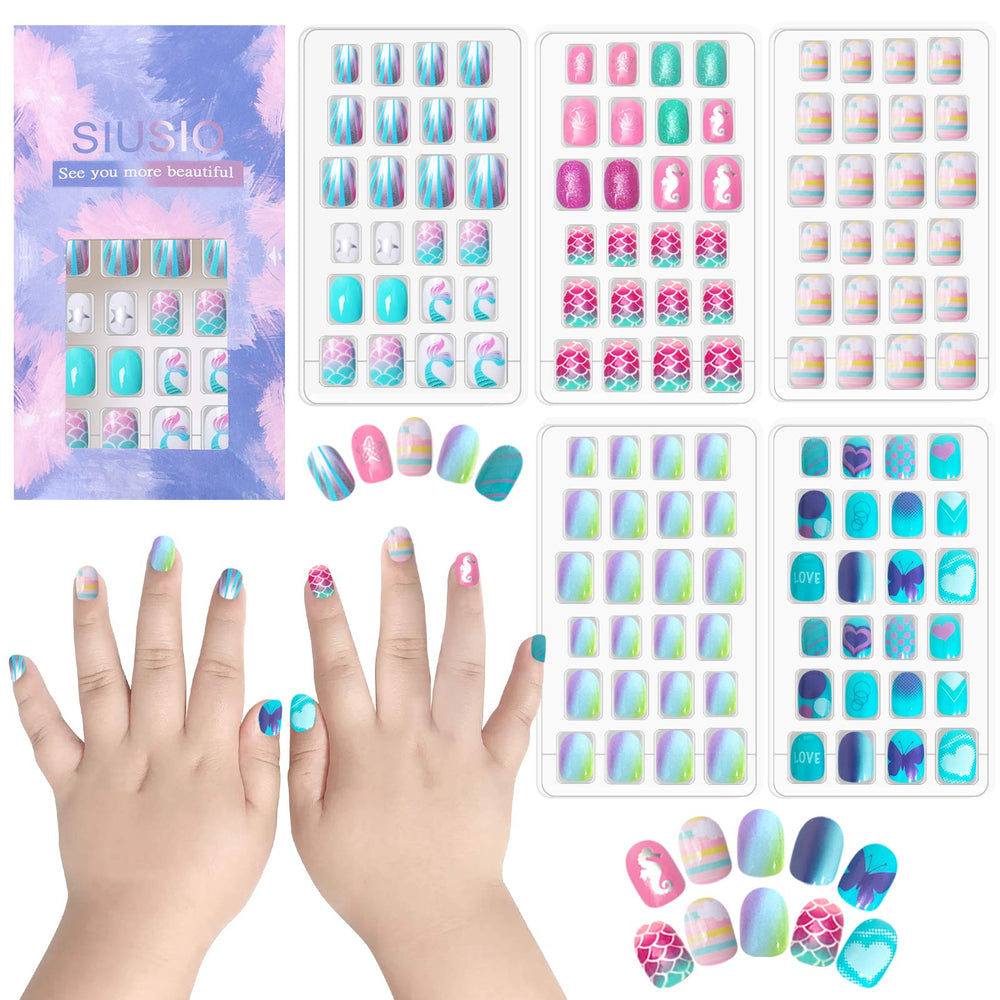 Uñas acrílicas SIUSIO prepegadas con brillo degradado para niñas.