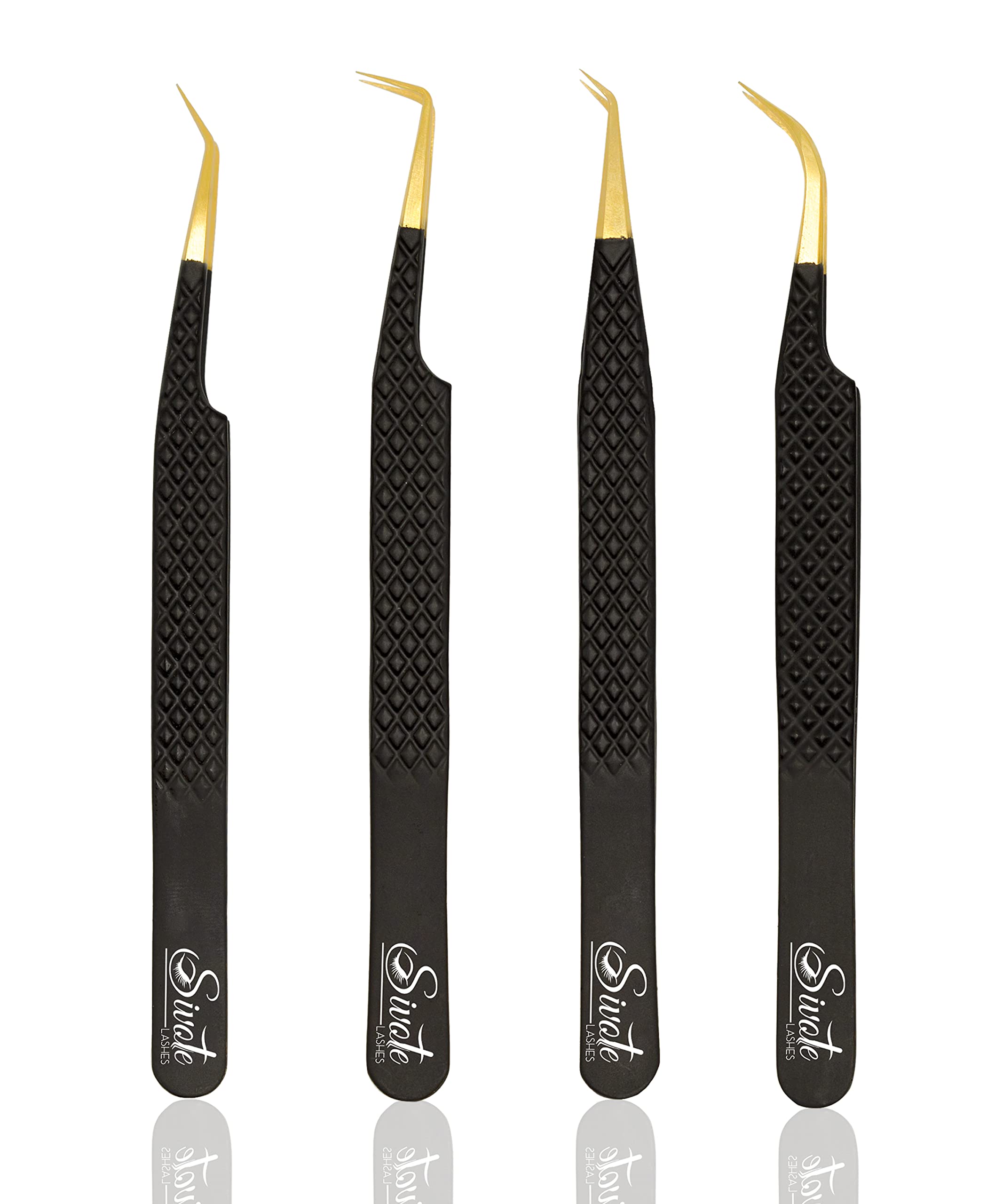 Pinzas SIVOTE para pestañas con puntas precisas, negro, set de 4, aplicación exacta.