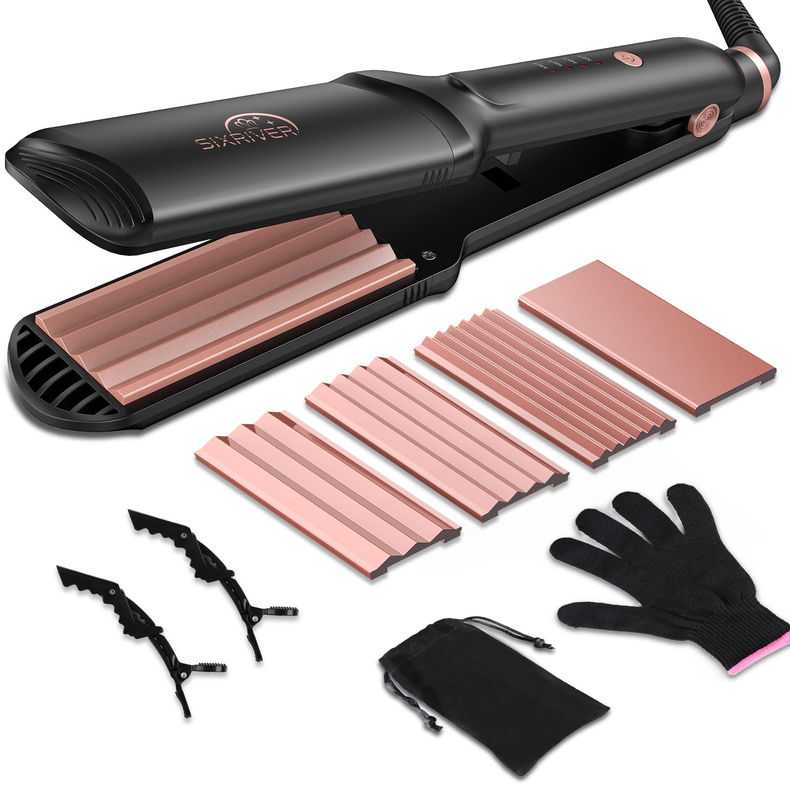 Sixriver crimpador de cabello con placas cerámicas rosa dorado para rizos brillantes.