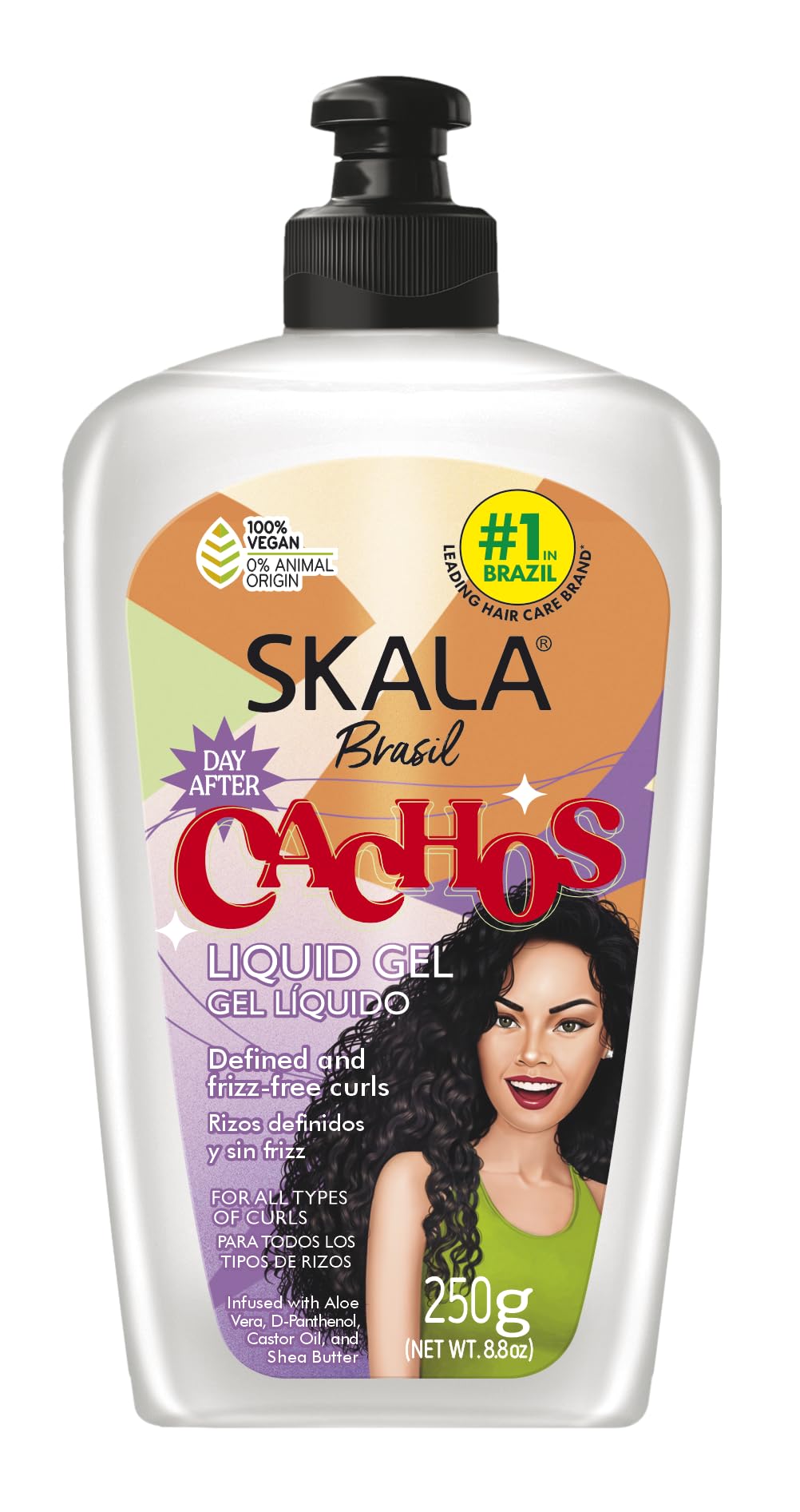 Skala Expert gel líquido Más Cachos en botella, define rizos y aporta hidratación.