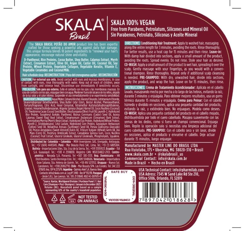 Etiqueta con ingredientes clave de Skala Potao do Amor para nutrición capilar