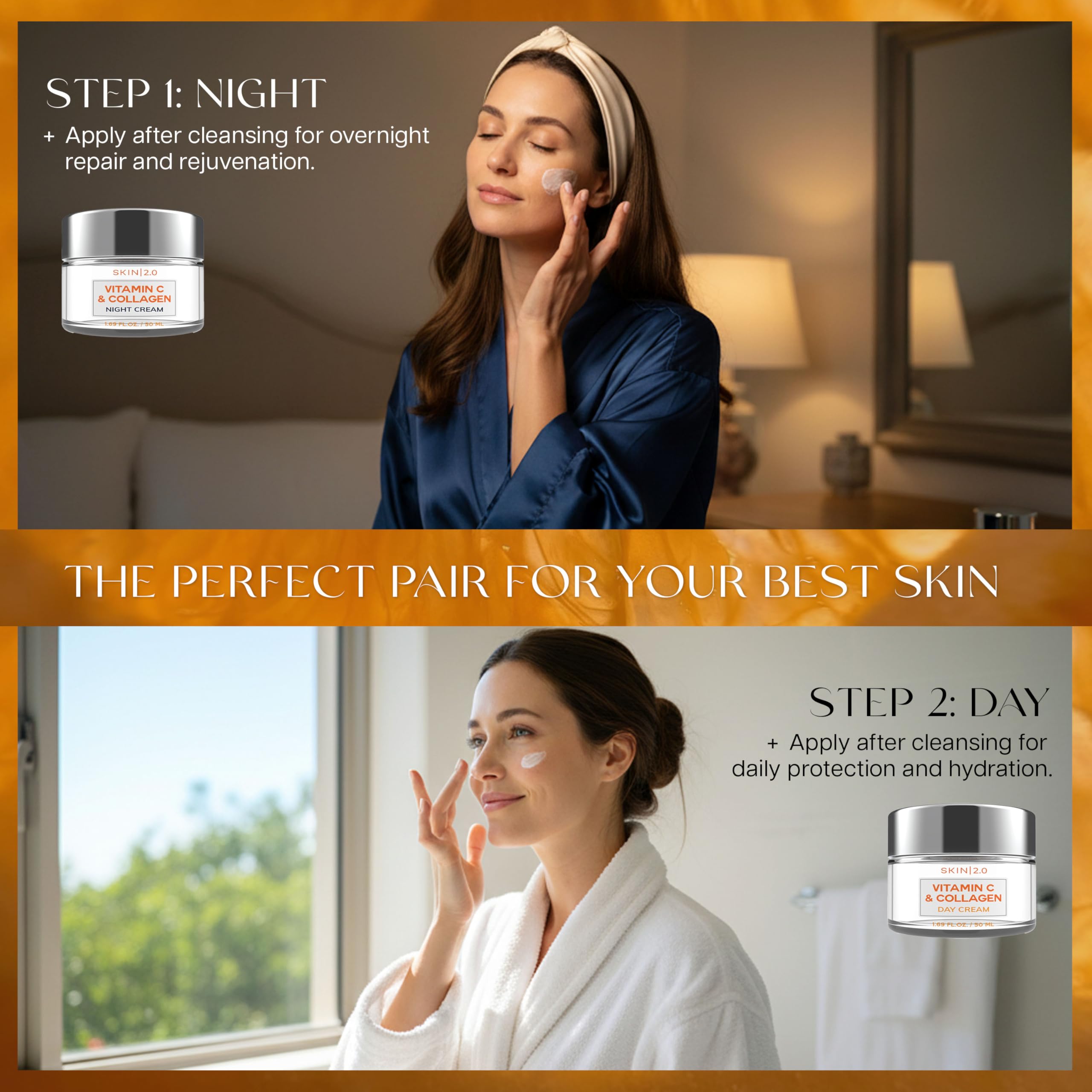 Skin 2.0 envase crema noche, diseño práctico para uso nocturno.