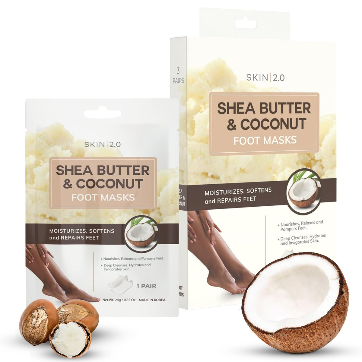 Skin 2.0 Shea Butter & Coconut Foot Mask en caja, cuidado nutritivo para pies.