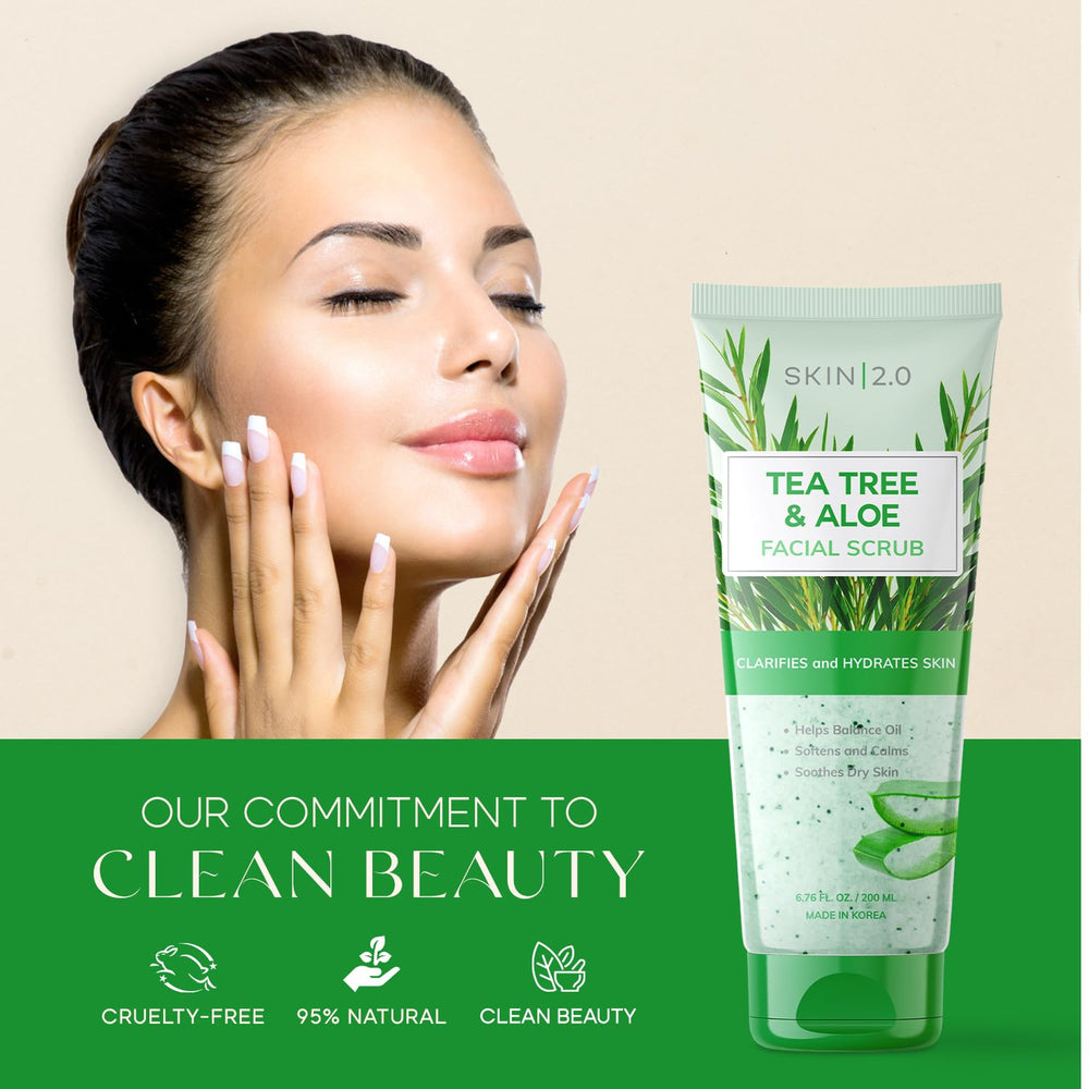 Skin 2.0 exfoliante Tea Tree Aloe, uso diario recomendado para piel limpia y renovada.