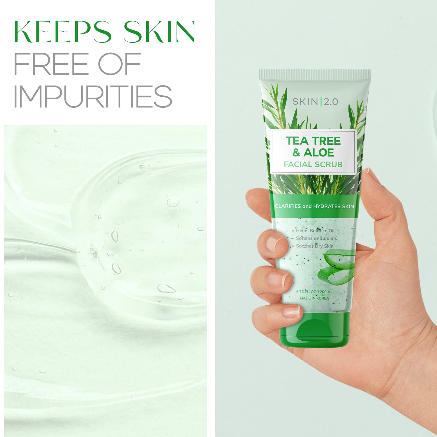 Skin 2.0 exfoliante Tea Tree Aloe, ingredientes coreanos naturales para cuidado multitarea.