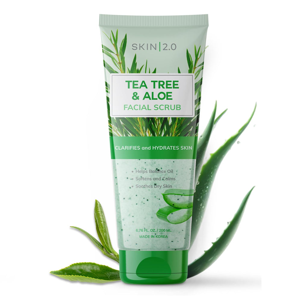 Skin 2.0 exfoliante Tea Tree Aloe, envase visible, ideal para limpieza profunda diaria.