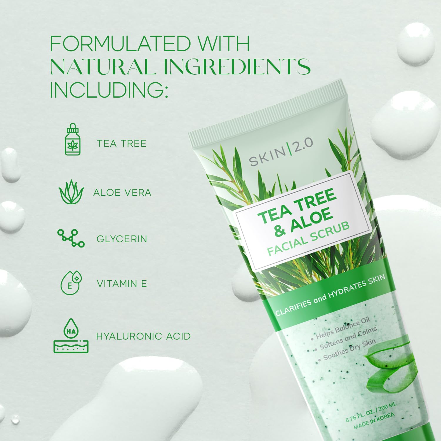 Skin 2.0 exfoliante Tea Tree Aloe, uso diario fácil para piel más suave.