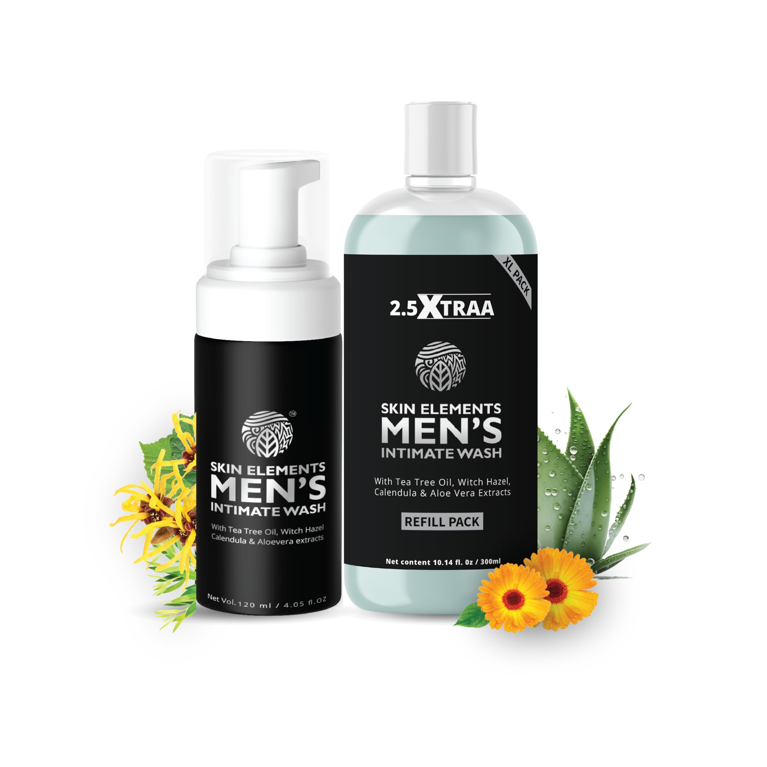 Skin Elements lavado íntimo masculino en botella, higiene diaria y sensación fresca.