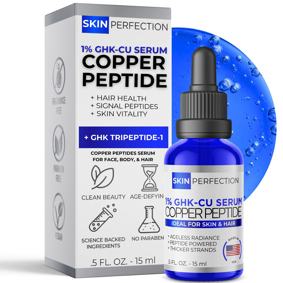Sérum Skin Perfection GHK-CU dans une bouteille bleue, protection lumineuse