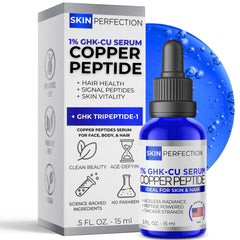 Sérum Skin Perfection GHK-CU dans une bouteille bleue, protection lumineuse
