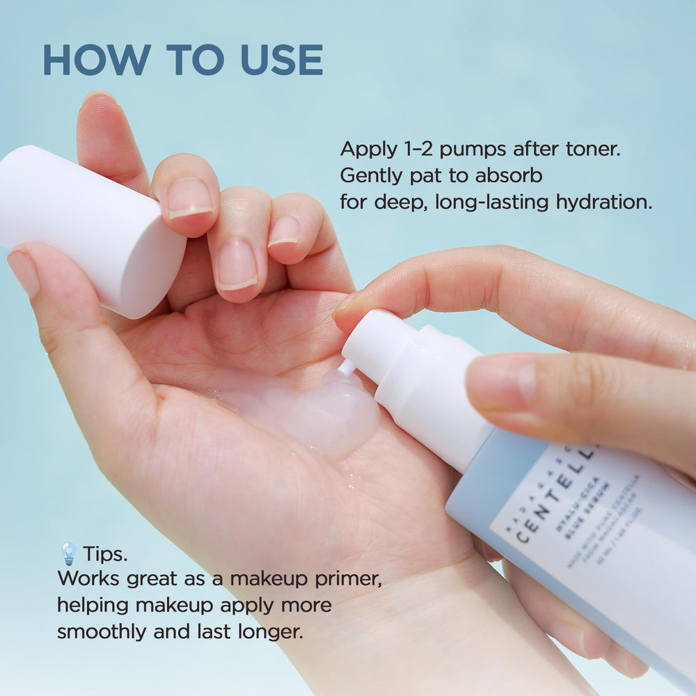 Drop of Skin1004 Hyalu-Cica Blue Serum dispensed for hydration demonstration