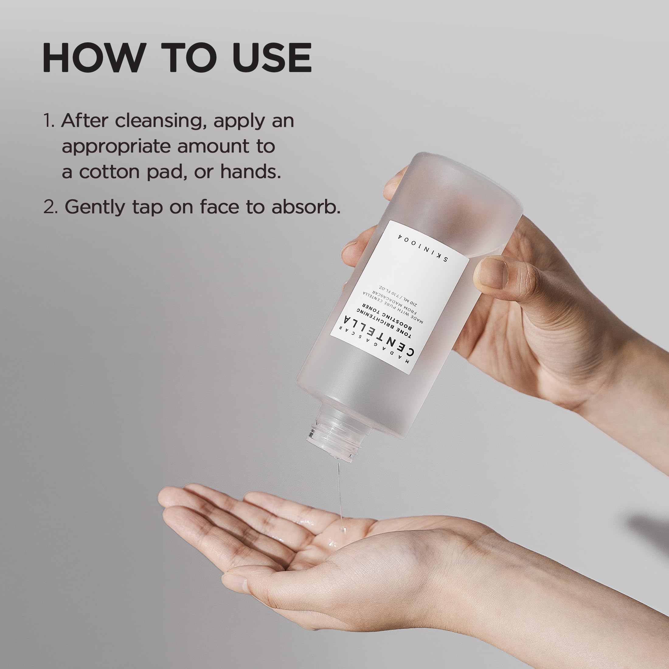 SKIN1004 Tone Glowing Boosting Toner applied to palm illustrates gentle hydration boost