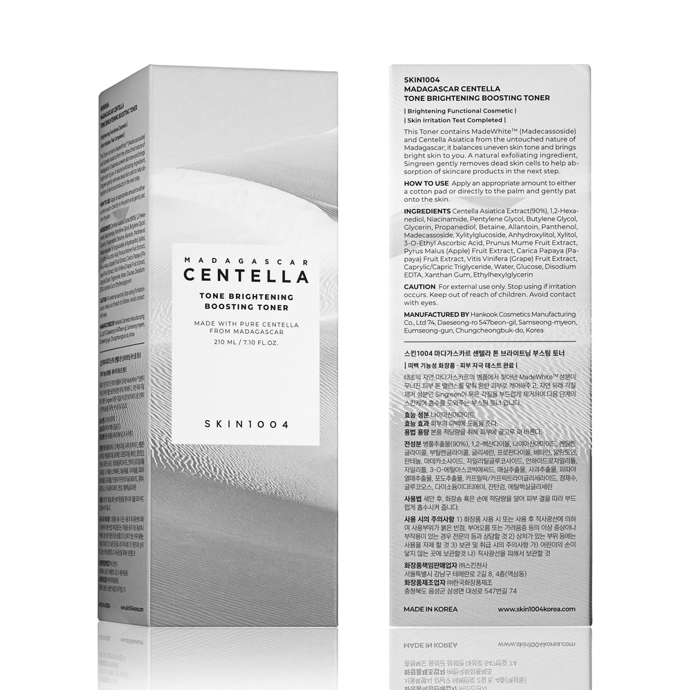 SKIN1004 Tone Glowing Boosting Toner label closeup highlights MadeWhite, Niacinamide, and Centella