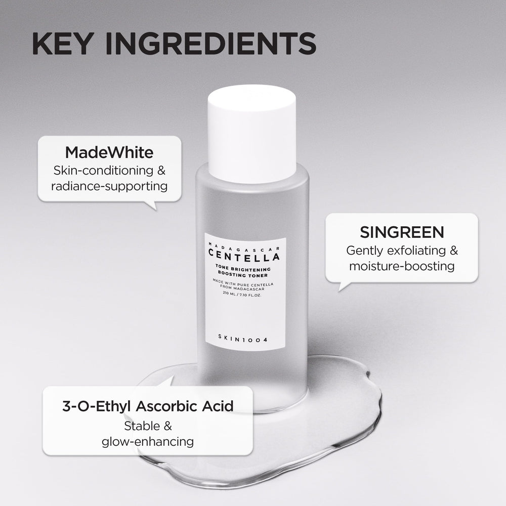 SKIN1004 Tone Glowing Boosting Toner packaging on dresser conveys clean, premium daily skincare